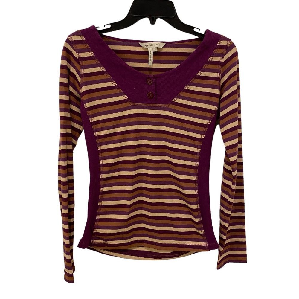 BCBGeneration Maroon Brown Striped Knit Long Sleeve Button Henley Top Medium